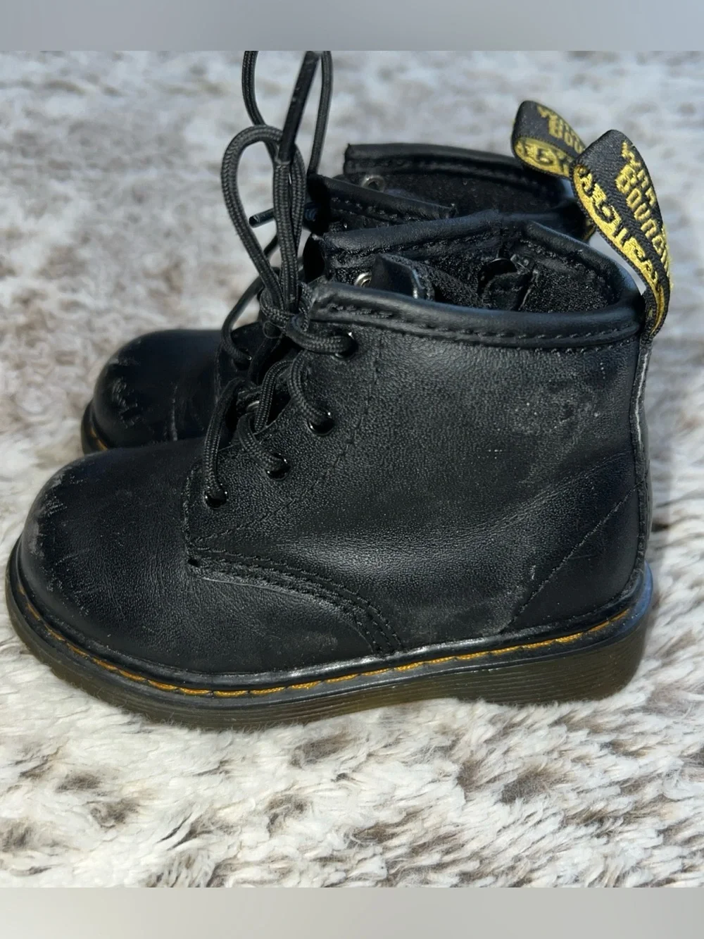 Dr. Martens Kids Black Leather Lace-Up Boots with Yellow Stitching